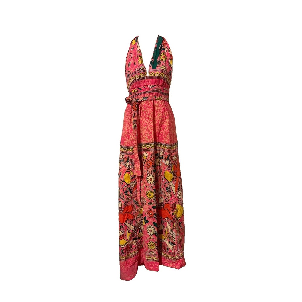 VIVA Vintage Cotton Wrap Maxi Dress Pink Boho Floral Folk Tapestry Halter Long